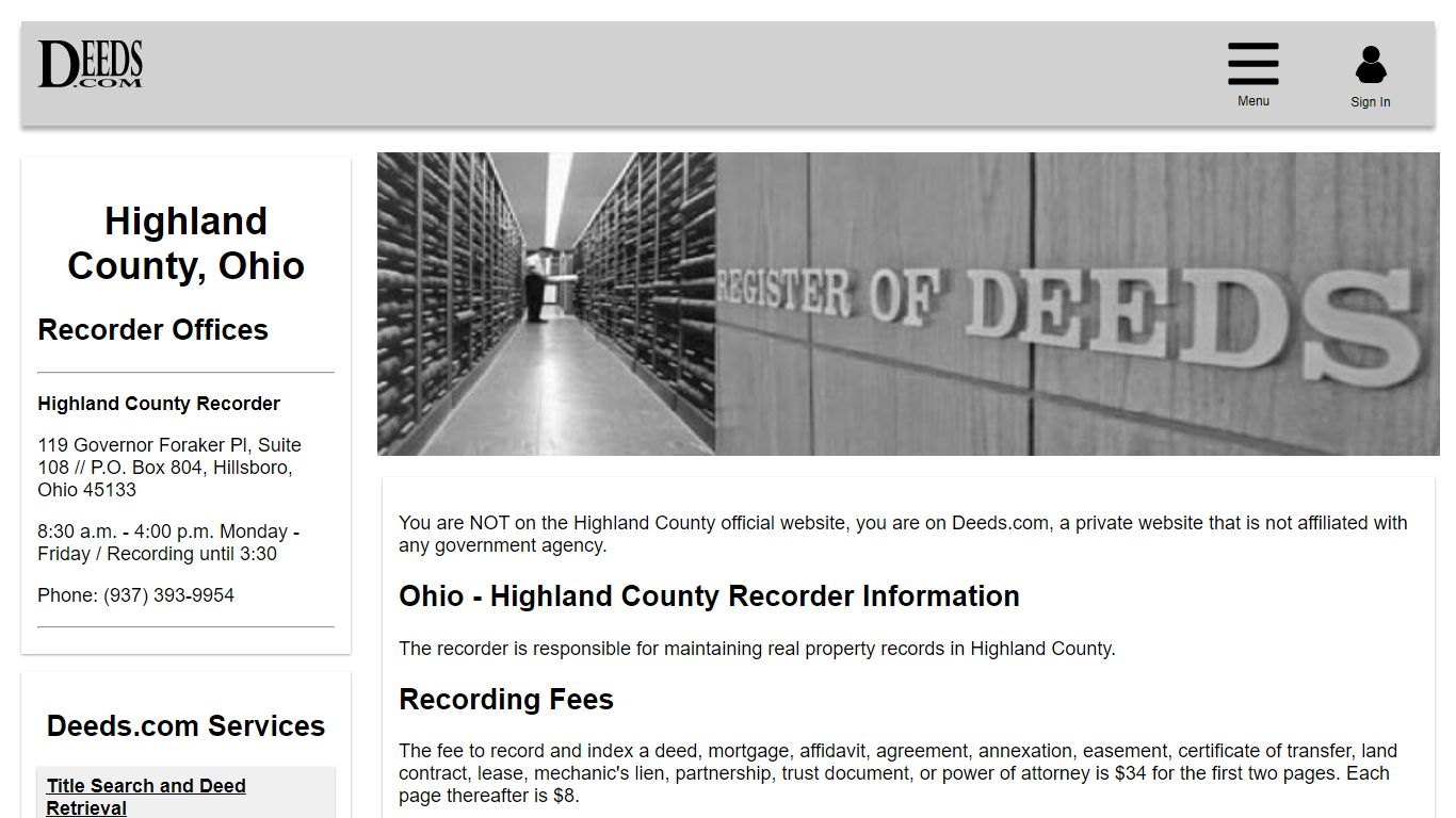 Highland County Recorder Information Ohio - Deeds.com