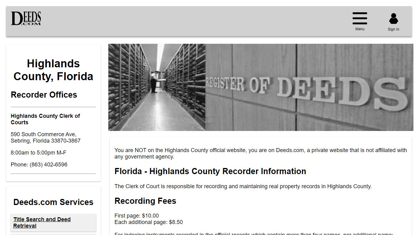 Highlands County Recorder Information Florida - Deeds.com